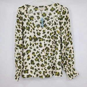 NWT Loft‎ Ann Taylor Cheetah Print Smocked Cuff Square Neck Blouse L Petite